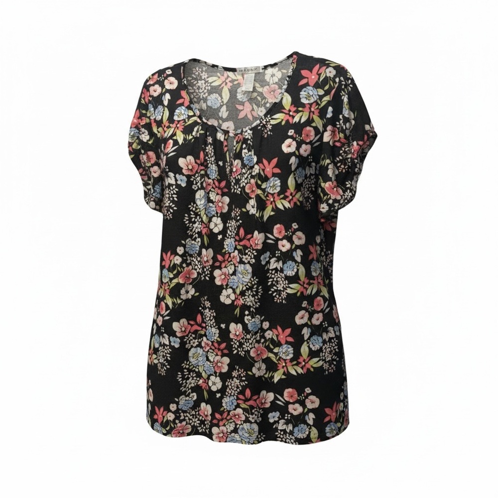 Women's Black Floral Scoop Neck Short Sleeve Blouse